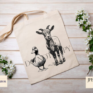 Farmyard Fun Animal Art Design Set featuring black and white textless illustrations of cows, horses, goats, ducks, sheep, and a Highland cow.