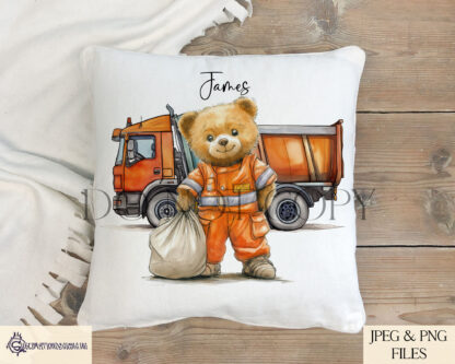 Refuse Collection Teddy Bear Design Set featuring Rebecca and Richard teddy bears with garbage truck and recycling truck backgrounds.