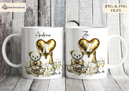 Love Alphabet White and Gold Design Set featuring a teddy bear holding a heart balloon, with A-Z alphabet letters and a textless option.