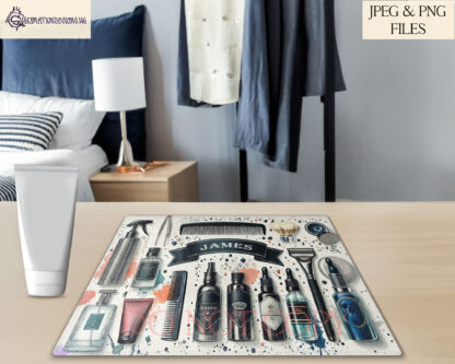 Male Hair and Grooming Station Set of 2 featuring hair products, aftershaves, combs, and shavers, with space to personalise. Includes mock-ups for sublimation projects.