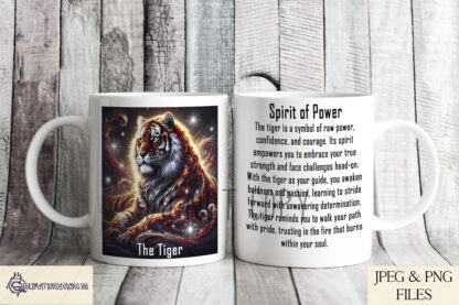 Spirit Animal Mug Wrap Design Set featuring 7 designs with Owl, Tiger, Wolf, Bear, Hare, Stag, and Eagle, each with spiritual meaning descriptions.