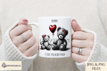 I Love You Beary Much Design Set featuring 5 textless black ink teddy bear designs with red heart balloons and matching red bows. Ideal for Mother’s Day, Father’s Day, and Valentine’s Day.