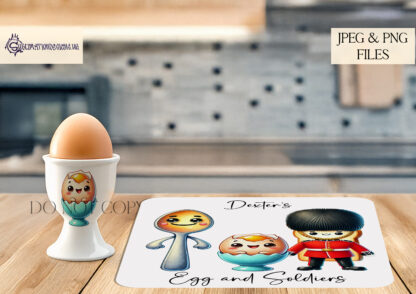 Egg and Soldiers Clip Art Set featuring 3 soldiers, 5 eggs, and 2 background splashes, perfect for egg cups, placemats, and coasters.