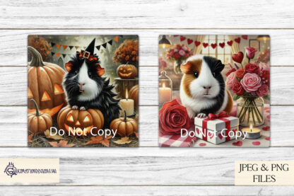 12 Months of Guinea Pigs Design Set featuring 12 unique designs with guinea pig breeds and colours, ideal for calendars and personalised gifts.