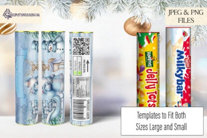 Tube Wrap Designs Set for Sweet Tubes featuring Santa and Friends artwork, with personalisation options, QR codes, and Christmas ingredients list.