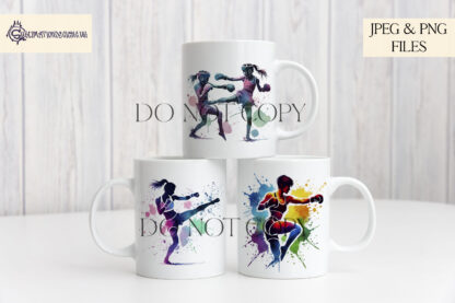 Kickboxing Silhouettes with Paint Splash Design Set featuring 10 dynamic designs of male and female kickboxers with vibrant and pastel paint effects.