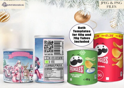 Santa and Friends Pringle Tube Wrap Designs Set featuring festive artwork for small and medium Pringles tubes with personalisation options.