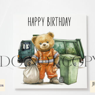 Refuse Collection Teddy Bear Design Set featuring Rebecca and Richard teddy bears with garbage truck and recycling truck backgrounds.