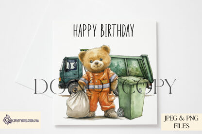 Refuse Collection Teddy Bear Design Set featuring Rebecca and Richard teddy bears with garbage truck and recycling truck backgrounds.