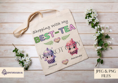 Best Tea Bubble Tea Design Set featuring 6 bubble tea characters and a "BEST-TEA" template, ideal for creating personalised bestie gifts.