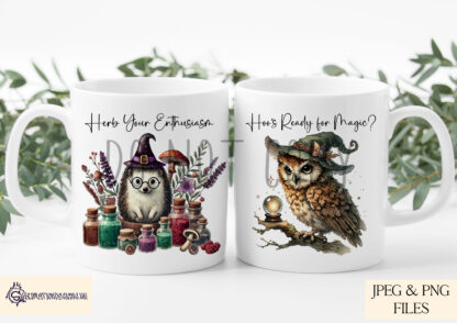 Woodland Witchcraft Design Set featuring foxes, owls, frogs, and hedgehogs in magical settings with playful wording like "Herb Your Enthusiasm" and "Fur-tune Teller."