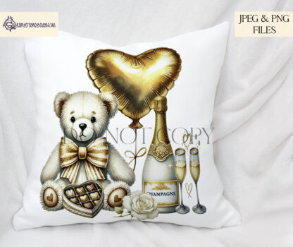 Love Alphabet White and Gold Design Set featuring a teddy bear holding a heart balloon, with A-Z alphabet letters and a textless option.