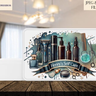 Male Hair and Grooming Station Set of 2 featuring hair products, aftershaves, combs, and shavers, with space to personalise. Includes mock-ups for sublimation projects.