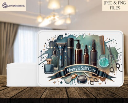 Male Hair and Grooming Station Set of 2 featuring hair products, aftershaves, combs, and shavers, with space to personalise. Includes mock-ups for sublimation projects.