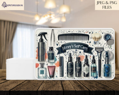 Male Hair and Grooming Station Set of 2 featuring hair products, aftershaves, combs, and shavers, with space to personalise. Includes mock-ups for sublimation projects.