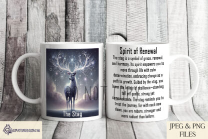 Spirit Animal Mug Wrap Design Set featuring 7 designs with Owl, Tiger, Wolf, Bear, Hare, Stag, and Eagle, each with spiritual meaning descriptions.