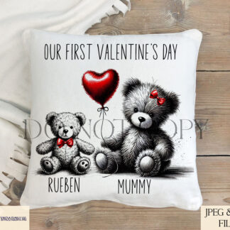 I Love You Beary Much Design Set featuring 5 textless black ink teddy bear designs with red heart balloons and matching red bows. Ideal for Mother’s Day, Father’s Day, and Valentine’s Day.