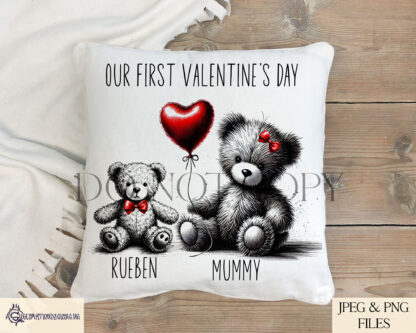 I Love You Beary Much Design Set featuring 5 textless black ink teddy bear designs with red heart balloons and matching red bows. Ideal for Mother’s Day, Father’s Day, and Valentine’s Day.