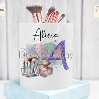 Glitzy Makeup Alphabet Design Set featuring 26 purple glitter letters with makeup and perfume compositions. Perfect for sublimation on mugs, makeup bags, and brush pots.