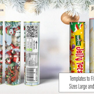 Tube Wrap Designs Set for Sweet Tubes featuring Santa and Friends artwork, with personalisation options, QR codes, and Christmas ingredients list.