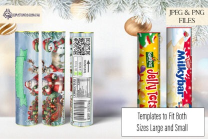 Tube Wrap Designs Set for Sweet Tubes featuring Santa and Friends artwork, with personalisation options, QR codes, and Christmas ingredients list.