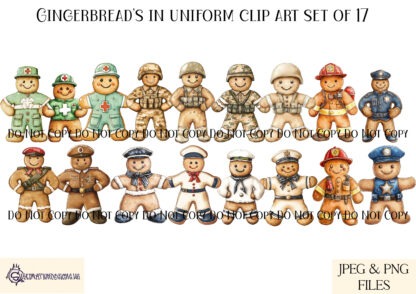 Gingerbreads in Uniform Clip Art Set featuring 17 textless gingerbread characters dressed in military, emergency service, and other uniforms.