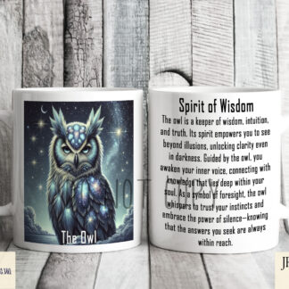 Spirit Animal Mug Wrap Design Set featuring 7 designs with Owl, Tiger, Wolf, Bear, Hare, Stag, and Eagle, each with spiritual meaning descriptions.