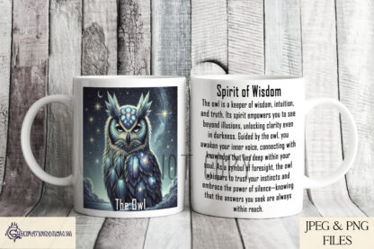 Spirit Animal Mug Wrap Design Set featuring 7 designs with Owl, Tiger, Wolf, Bear, Hare, Stag, and Eagle, each with spiritual meaning descriptions.