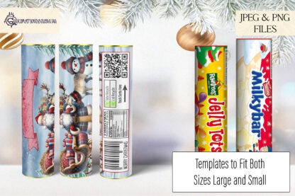 Tube Wrap Designs Set for Sweet Tubes featuring Santa and Friends artwork, with personalisation options, QR codes, and Christmas ingredients list.