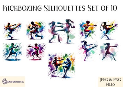 Kickboxing Silhouettes with Paint Splash Design Set featuring 10 dynamic designs of male and female kickboxers with vibrant and pastel paint effects.