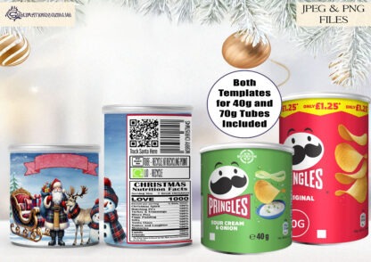 Santa and Friends Pringle Tube Wrap Designs Set featuring festive artwork for small and medium Pringles tubes with personalisation options.