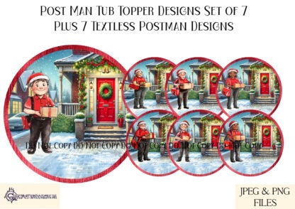 Christmas Postman Design Set featuring 14 designs of male and female posties in festive settings, with post boxes and Celebrations Tub Toppers.