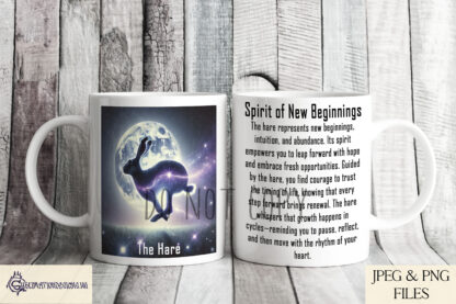 Spirit Animal Mug Wrap Design Set featuring 7 designs with Owl, Tiger, Wolf, Bear, Hare, Stag, and Eagle, each with spiritual meaning descriptions.