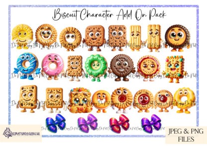 Build A Biscuit Family Ultimate Clip Art Set featuring 43 biscuit characters, tin backgrounds, paint strokes, and hair bows for sublimation and crafting projects.