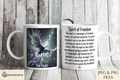 Spirit Animal Mug Wrap Design Set featuring 7 designs with Owl, Tiger, Wolf, Bear, Hare, Stag, and Eagle, each with spiritual meaning descriptions.