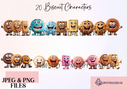 Build A Biscuit Family Ultimate Clip Art Set featuring 43 biscuit characters, tin backgrounds, paint strokes, and hair bows for sublimation and crafting projects.