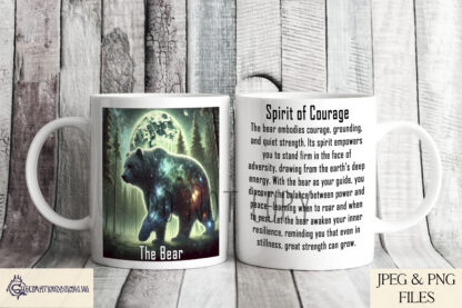 Spirit Animal Mug Wrap Design Set featuring 7 designs with Owl, Tiger, Wolf, Bear, Hare, Stag, and Eagle, each with spiritual meaning descriptions.