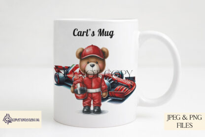 F1 Inspired Teddy Bears Design Set featuring teddy bears in racing uniforms with F1-style cars, colour-themed to match top racing teams.