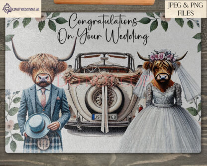 Digital Design Wedding De-Stash Bundle featuring 16 design sets, including Highland cows, gnomes, teddy bears, and wedding countdowns in JPEG and PNG.