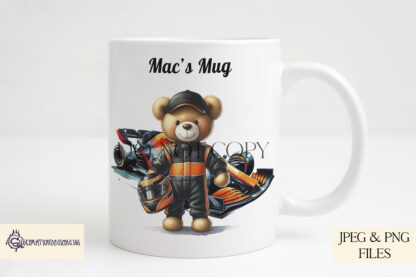 F1 Inspired Teddy Bears Design Set featuring teddy bears in racing uniforms with F1-style cars, colour-themed to match top racing teams.