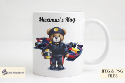 F1 Inspired Teddy Bears Design Set featuring teddy bears in racing uniforms with F1-style cars, colour-themed to match top racing teams.