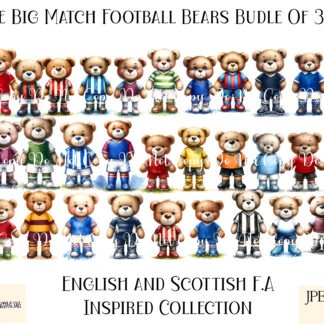 Big Match Football Inspired Teddy Bears Collection featuring 34 teddy bear designs in football team colours for sublimation projects and personalised gifts.