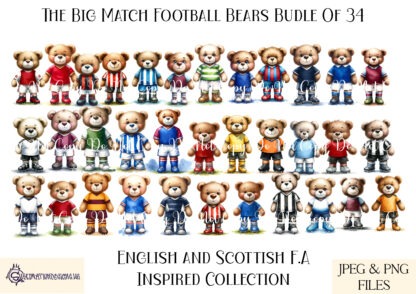 Big Match Football Inspired Teddy Bears Collection featuring 34 teddy bear designs in football team colours for sublimation projects and personalised gifts.