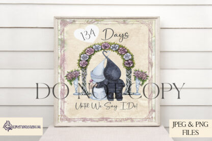 Digital Design Wedding De-Stash Bundle featuring 16 design sets, including Highland cows, gnomes, teddy bears, and wedding countdowns in JPEG and PNG.