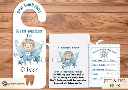 Tooth Fairy Gift Set featuring boy and girl designs, door hanger templates, matching bags, and Tooth Fairy receipts. Ideal for keepsakes and personalised gifts.