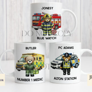 Emergency Services Teddy Bear Design Set featuring police, firefighter, paramedic, and coastguard teddy bears with emergency vehicles.