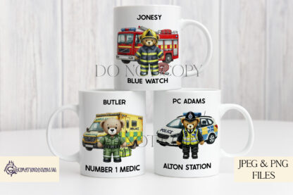 Emergency Services Teddy Bear Design Set featuring police, firefighter, paramedic, and coastguard teddy bears with emergency vehicles.