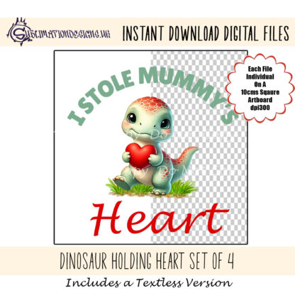 Dinosaur Holding Heart Design Set featuring a cute dinosaur with a love heart, with textless and worded options in two colour variations.