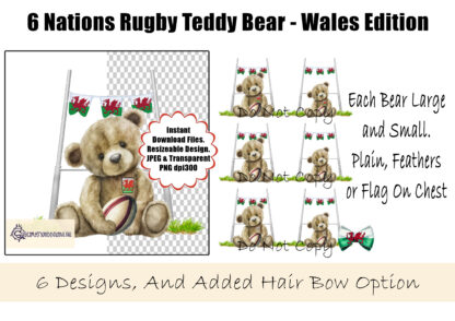 Seated Teddy Bear 6 Nations Rugby Design – Wales Edition featuring a teddy bear holding a rugby ball under rugby posts with Welsh flag bunting and an optional Welsh flag hair bow.