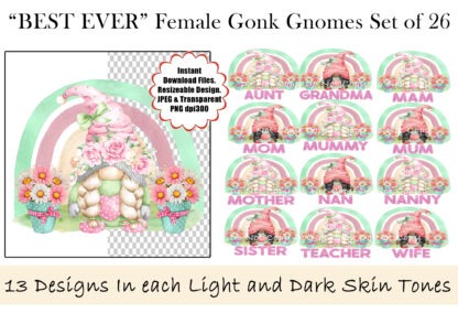 Best Ever Female Gonk Gnomes Design Set featuring gonk gnomes on a pastel rainbow and floral theme with titles like Mum, Aunt, and Teacher.